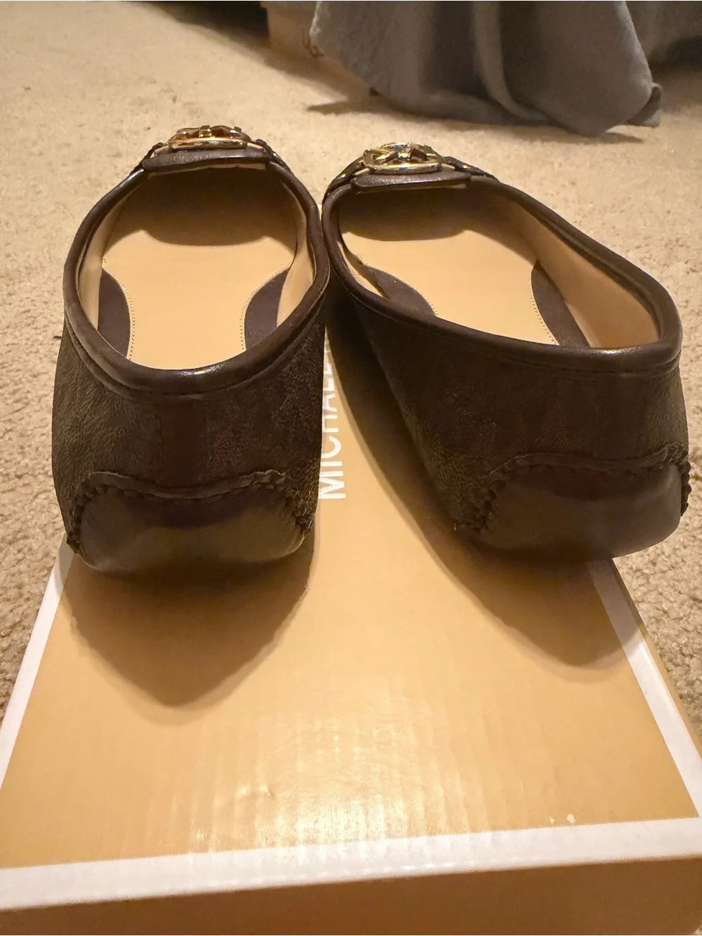 Michael Kors Dark Brown Logo MK Round-Toe Ballet Flats with Gold Hardware